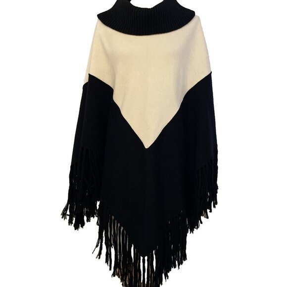 Fiore Bella Cowl Neck Poncho Women's M Cream/Black Merino Wool Blend Fringe Boho - Picture 3 of 10